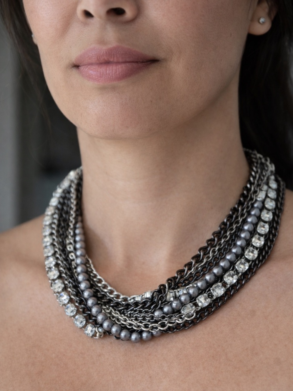 Silver Tone Multi Strand Chain Pearl Rhinestone Statement Choker Necklace